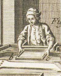 The vatman dips a paper mould into the vat. From the Encyclopedia of Diderot, 1751-1777.